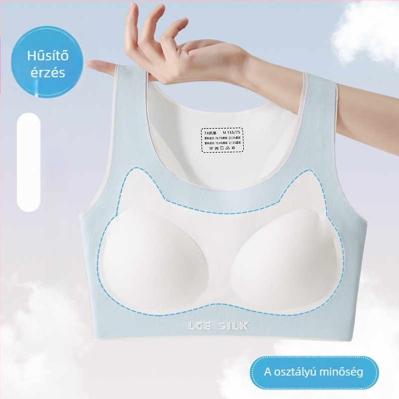 Nylon anyagú tinilányoknak szánt melltartó, hátul keresztpántos seamless, lélegző, nedvességelvezető, teljes kosár, vékony formázott kosár, rögzített dupla pántok