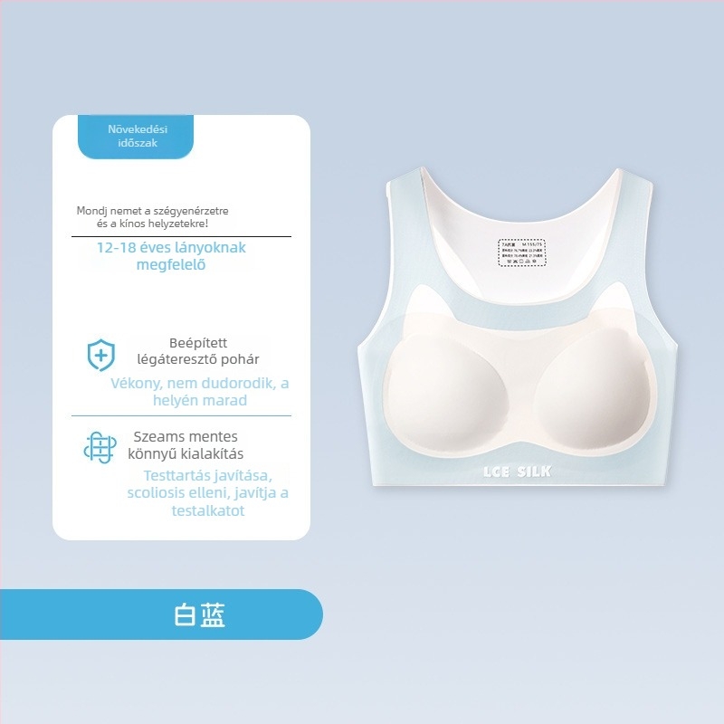 Nylon anyagú tinilányoknak szánt melltartó, hátul keresztpántos seamless, lélegző, nedvességelvezető, teljes kosár, vékony formázott kosár, rögzített dupla pántok