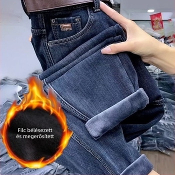 Női farmernadrág fleece belsővel, magas derekú, téli vastag, lazán szabott, széles lábszár