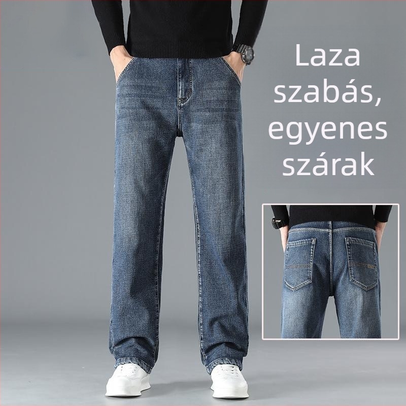 Férfi farmernadrág – egyenes szabás, középmagas derék, zipzárral, poliészter anyag, egész éves viselet