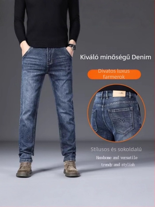 Koreai stílusú egyenes szárú farmernadrág denimből, középmagas derék, zipzár