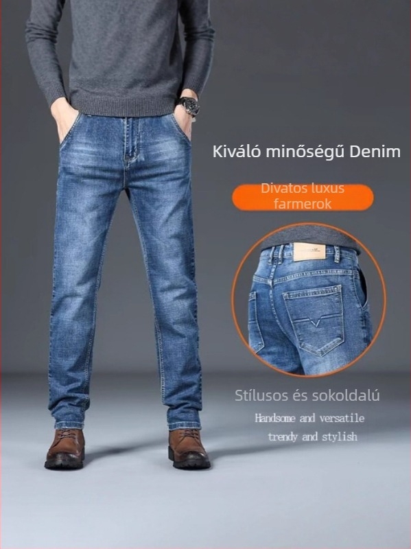 Koreai stílusú egyenes szárú farmernadrág denimből, középmagas derék, zipzár