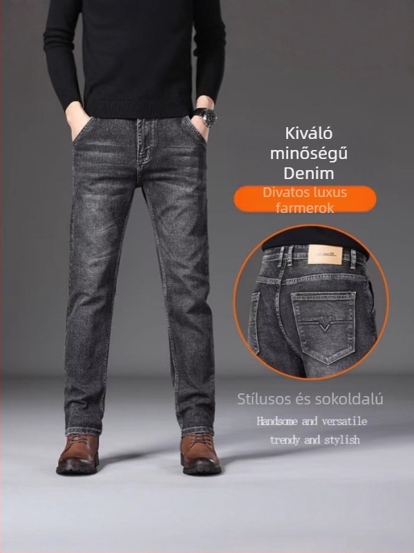 Koreai stílusú egyenes szárú farmernadrág denimből, középmagas derék, zipzár