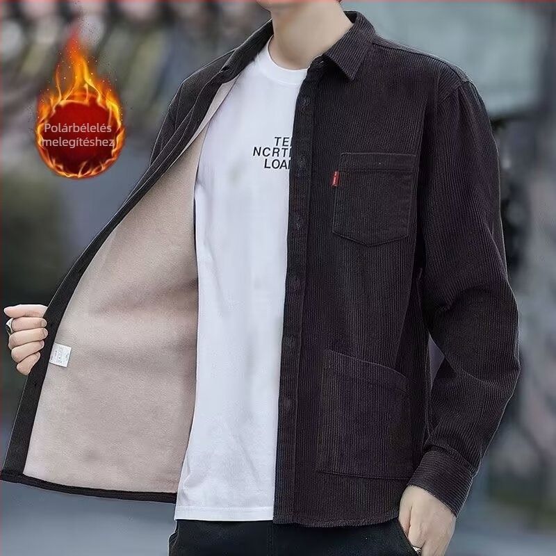 Férfi Corduroy ing – lazított szabás, fleece bélés, hosszú ujjú, turn-down gallér, casual stílus