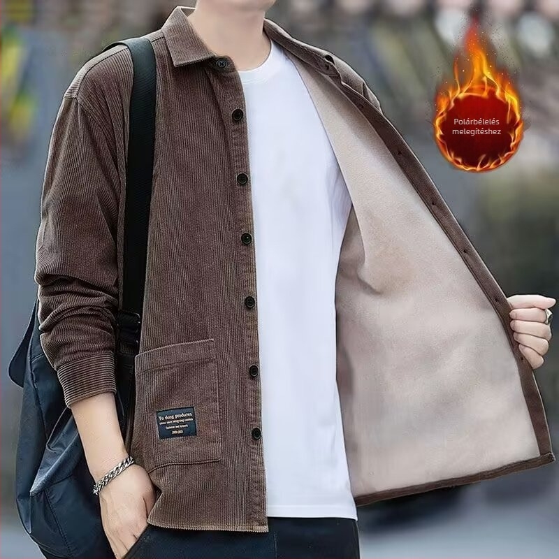 Férfi Corduroy ing – lazított szabás, fleece bélés, hosszú ujjú, turn-down gallér, casual stílus