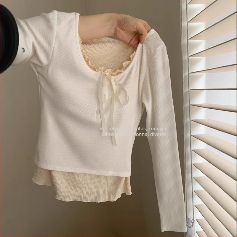 Hosszú ujjú V-nyakú felső, Slim Fit, poliészter-elasztán keverék, egyszínű, Fake Two-Piece stílus