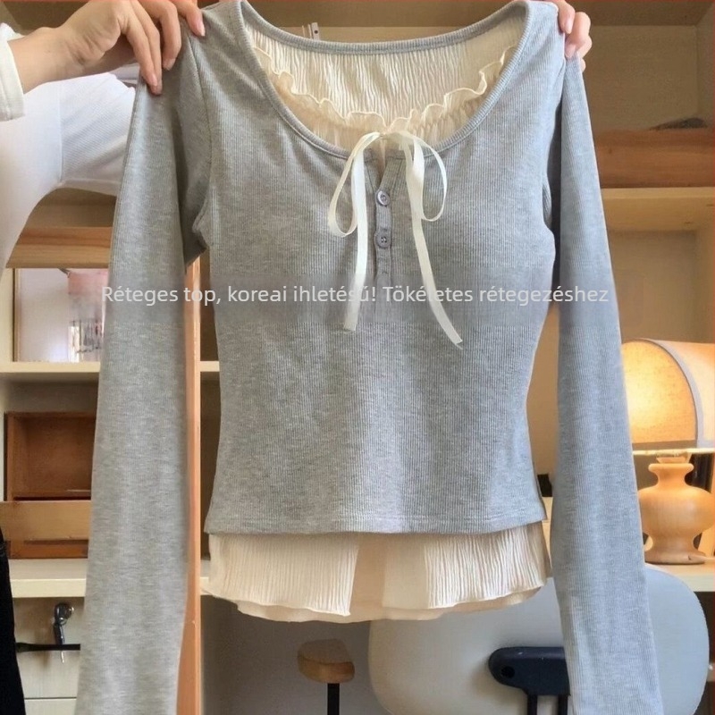 Hosszú ujjú V-nyakú felső, Slim Fit, poliészter-elasztán keverék, egyszínű, Fake Two-Piece stílus