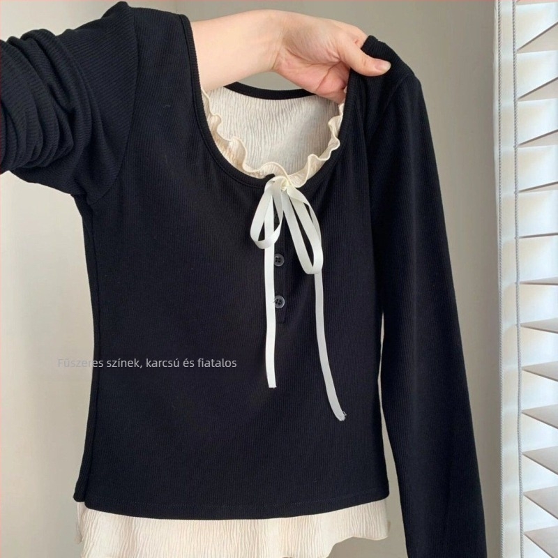 Hosszú ujjú V-nyakú felső, Slim Fit, poliészter-elasztán keverék, egyszínű, Fake Two-Piece stílus