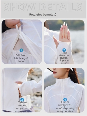 Női kültéri széldzseki UPF50+ UV-védelem, lélegző nylon anyag, cipzár