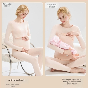 Kismama készlet: pamut kötött felső buborékos ujjúval és hosszú nadrággal, kerek nyakú, középsúlyú anyag