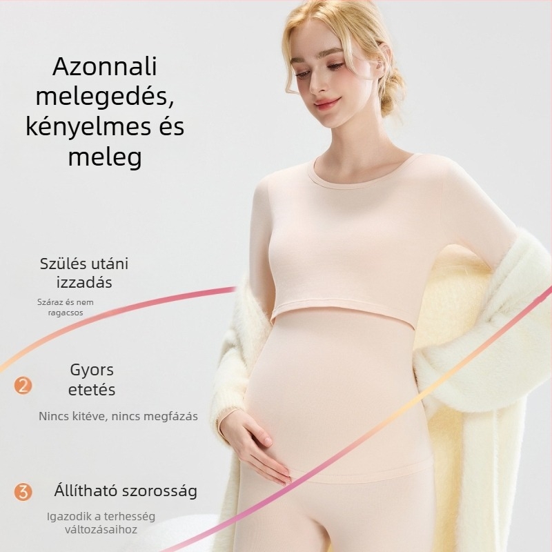 Kismama készlet: pamut kötött felső buborékos ujjúval és hosszú nadrággal, kerek nyakú, középsúlyú anyag