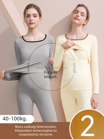 Anyasági szoptatós hálóruha szett (felső és alsó) — hosszú ujjú, őszi–téli szezonhoz, poliészter 90–95%, gyűrődésmentes, levehető mellpárnák