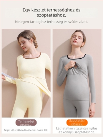 Anyasági szoptatós hálóruha szett (felső és alsó) — hosszú ujjú, őszi–téli szezonhoz, poliészter 90–95%, gyűrődésmentes, levehető mellpárnák