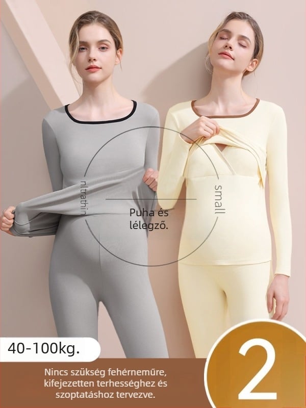 Anyasági szoptatós hálóruha szett (felső és alsó) — hosszú ujjú, őszi–téli szezonhoz, poliészter 90–95%, gyűrődésmentes, levehető mellpárnák