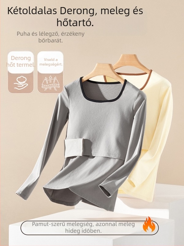 Anyasági szoptatós hálóruha szett (felső és alsó) — hosszú ujjú, őszi–téli szezonhoz, poliészter 90–95%, gyűrődésmentes, levehető mellpárnák