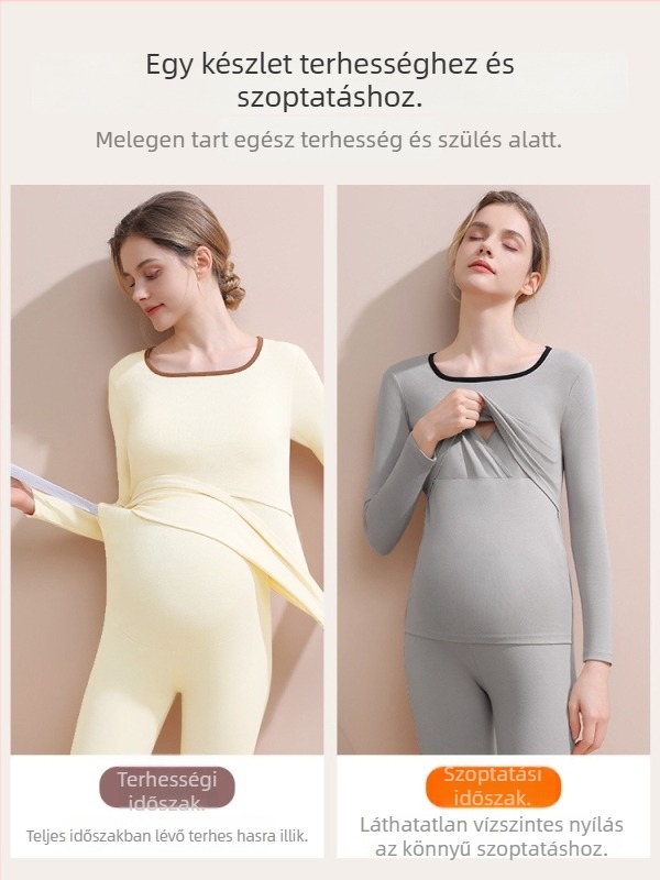 Anyasági szoptatós hálóruha szett (felső és alsó) — hosszú ujjú, őszi–téli szezonhoz, poliészter 90–95%, gyűrődésmentes, levehető mellpárnák