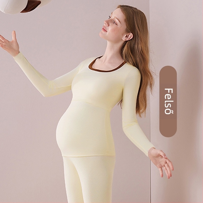 Anyasági szoptatós hálóruha szett (felső és alsó) — hosszú ujjú, őszi–téli szezonhoz, poliészter 90–95%, gyűrődésmentes, levehető mellpárnák