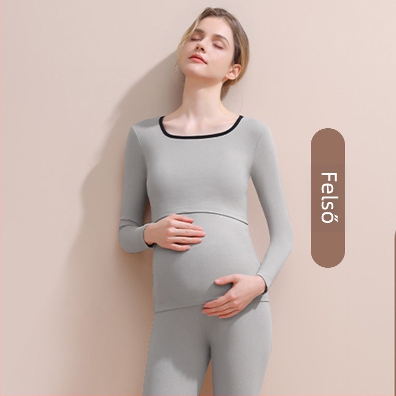 Anyasági szoptatós hálóruha szett (felső és alsó) — hosszú ujjú, őszi–téli szezonhoz, poliészter 90–95%, gyűrődésmentes, levehető mellpárnák