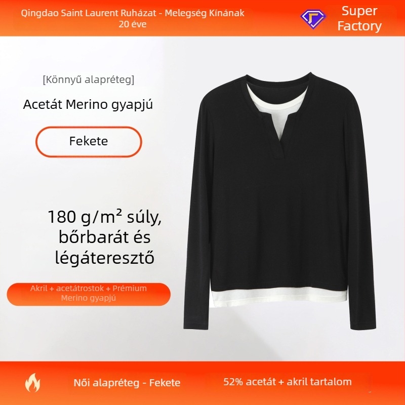 Alaprétegű kötött felső acetát-rostból – színblokkolt minta, kerek nyak, hosszú ujjú, hamis két részes dizájn