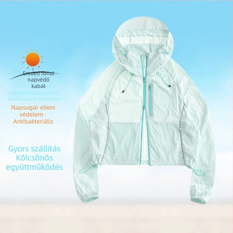 Kültéri szélálló kabát, könnyű, UPF50+ napsugárzás elleni védelem, kapucnival, légáteresztő nylon anyagú