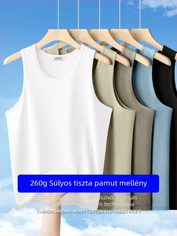 Férfiaknak szánt ujjatlan póló-vest 100% hosszú szálú pamutból, 260 g súlyú, karcsú fazon, minimalist stílus, nyárra