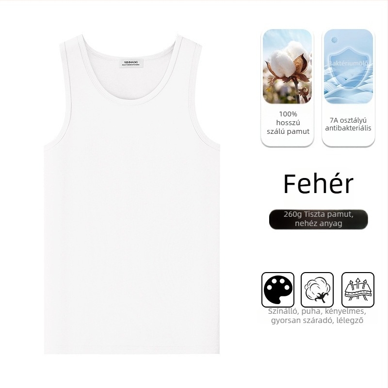 Férfiaknak szánt ujjatlan póló-vest 100% hosszú szálú pamutból, 260 g súlyú, karcsú fazon, minimalist stílus, nyárra