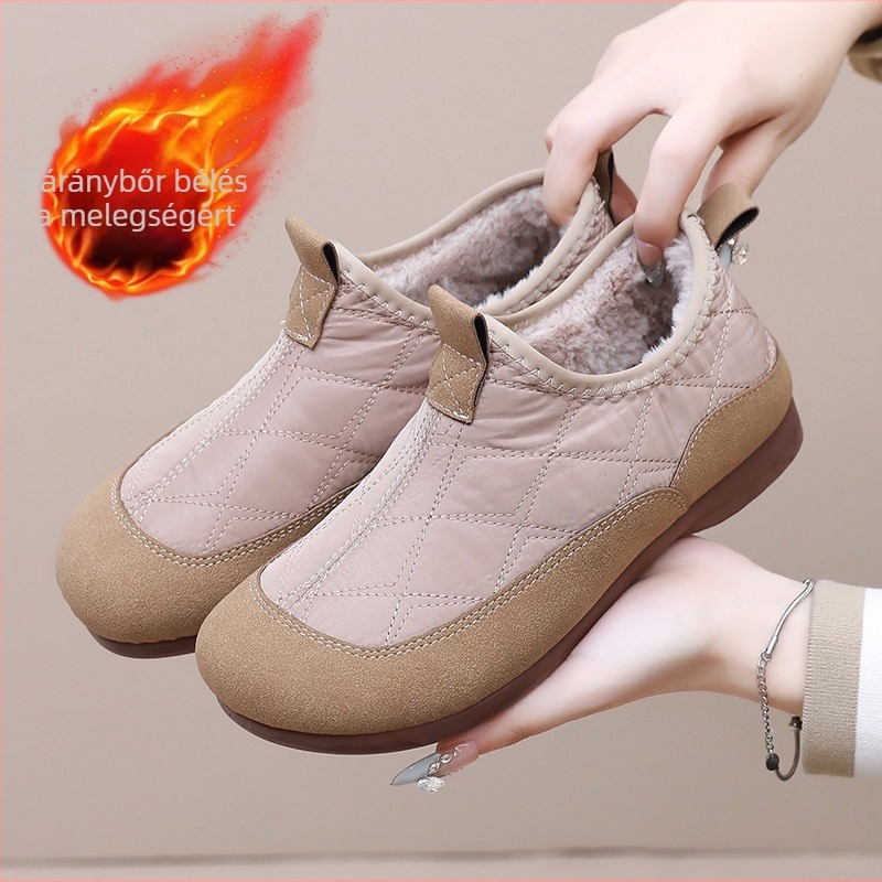 Női téli vászoncipő fleece béléssel, slip-on, lapos PVC talp, kerek orr