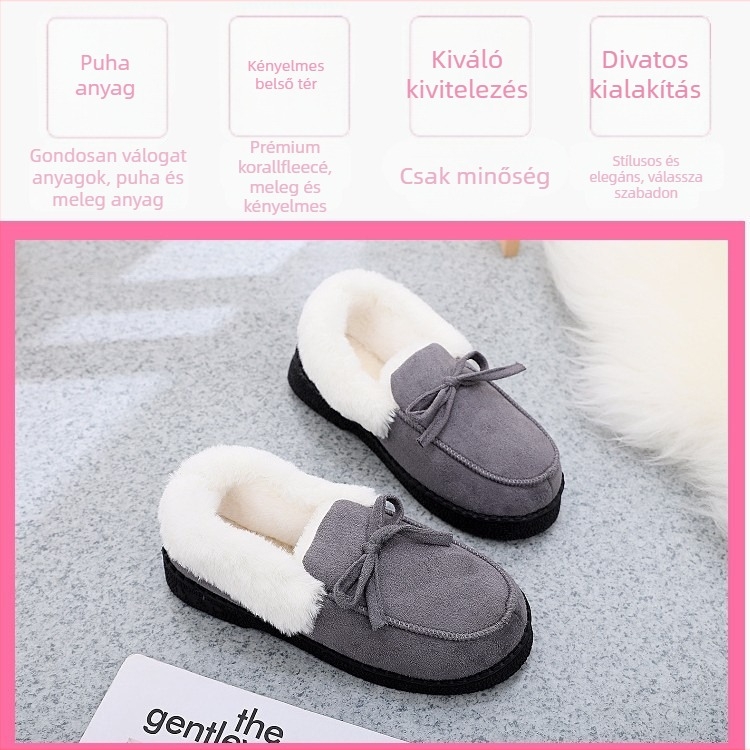 Téli női velúr papucs középmagas sarokkal (3–5 cm), csúszásmentes gumitalppal, plüss bélésű, beltéri és kültéri viselésre