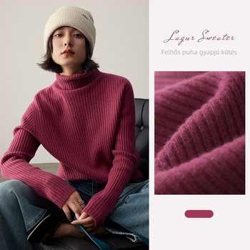 Női varrat nélküli gyapjú pulóver - 95%+ gyapjú, testhez álló, magas gallér, raglán ujjak