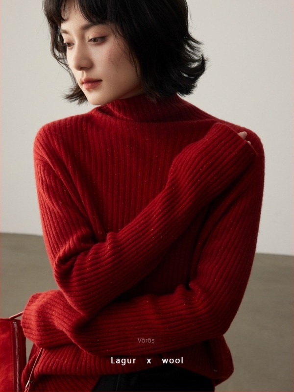 Női varrat nélküli gyapjú pulóver - 95%+ gyapjú, testhez álló, magas gallér, raglán ujjak