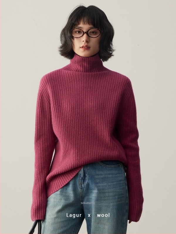 Női varrat nélküli gyapjú pulóver - 95%+ gyapjú, testhez álló, magas gallér, raglán ujjak