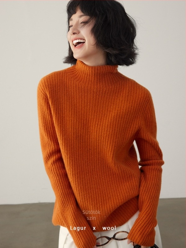 Női varrat nélküli gyapjú pulóver - 95%+ gyapjú, testhez álló, magas gallér, raglán ujjak