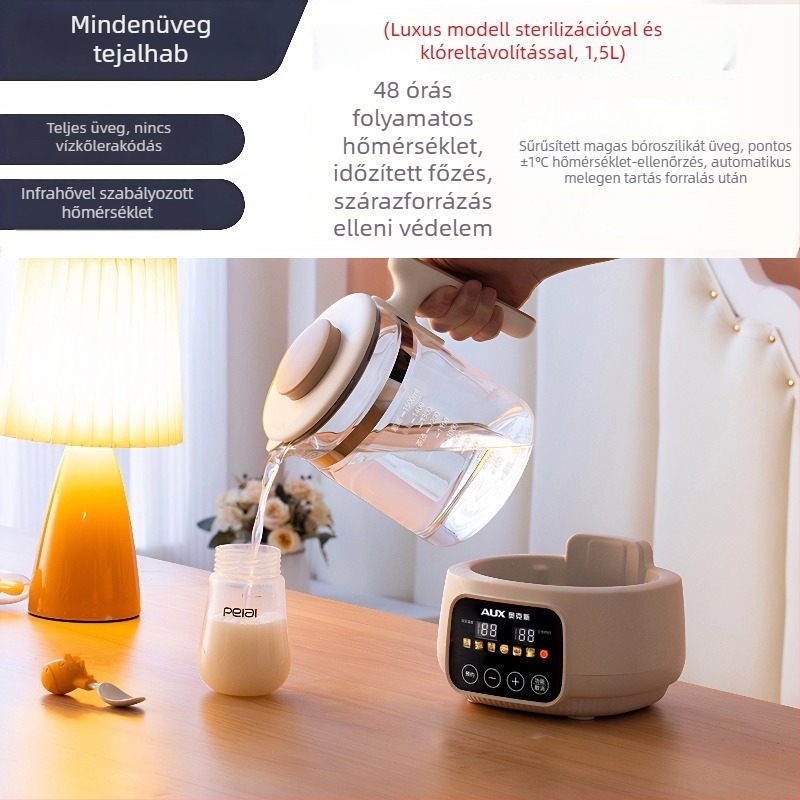 Üvegből készült egészségkanna bébitáps-regulátorral és tejmelegítővel, otthoni elektromos vízforraló, 1–1,5 L, 220V, 500–1000W, érintéses vezérlés