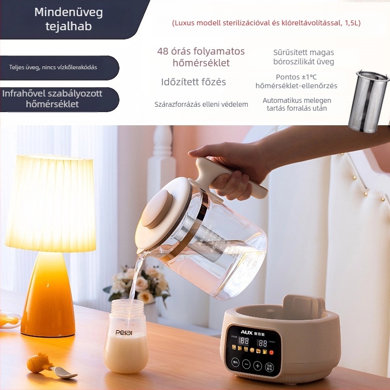 Üvegből készült egészségkanna bébitáps-regulátorral és tejmelegítővel, otthoni elektromos vízforraló, 1–1,5 L, 220V, 500–1000W, érintéses vezérlés