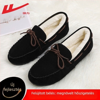 Női téli slip-on cipő szőrme-béléssel — felső rész szőrme, belső rövid műszőrme, talp injekcióval formázott, alacsony sarok 1-3 cm, mindennapi stílus