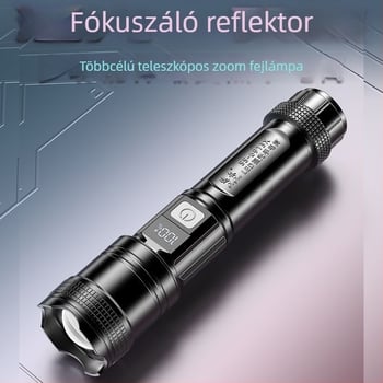 LED elemlámpa digitális kijelzővel, újratölthető, teleszkópos zoom, 100–200 m hatótáv, kivehető 2800 mAh Li-ion akkumulátor.