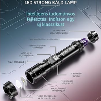 LED elemlámpa digitális kijelzővel, újratölthető, teleszkópos zoom, 100–200 m hatótáv, kivehető 2800 mAh Li-ion akkumulátor.