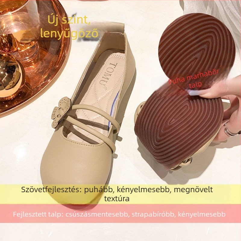 Koreai stílusú Mary Jane női cipő, kerek orr, alacsony felső rész, lapos sarok, tehén ín talp
