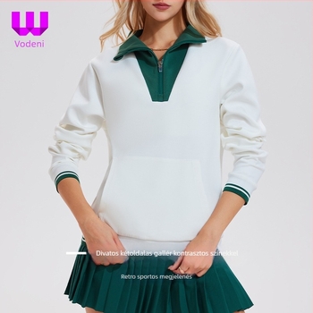 Női vintage teniszes pulóver álló gallérral és fél zipzárral, hosszú ujjú; Anyag: Space Cotton; Anyag összetétel: Pamut; Belső: Space Cotton; Belső összetétel: Pamut