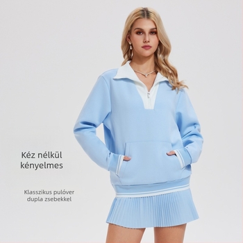 Női vintage teniszes pulóver álló gallérral és fél zipzárral, hosszú ujjú; Anyag: Space Cotton; Anyag összetétel: Pamut; Belső: Space Cotton; Belső összetétel: Pamut