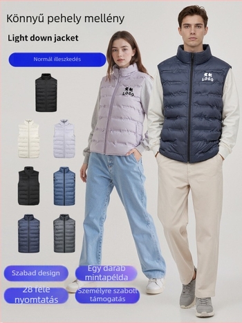 Uniszex téli könnyű mellény állkarral, laza szabás, kacsa tollal töltve 81–85%, cipzáras zsebek, poliészter anyag