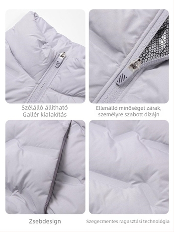 Uniszex téli könnyű mellény állkarral, laza szabás, kacsa tollal töltve 81–85%, cipzáras zsebek, poliészter anyag
