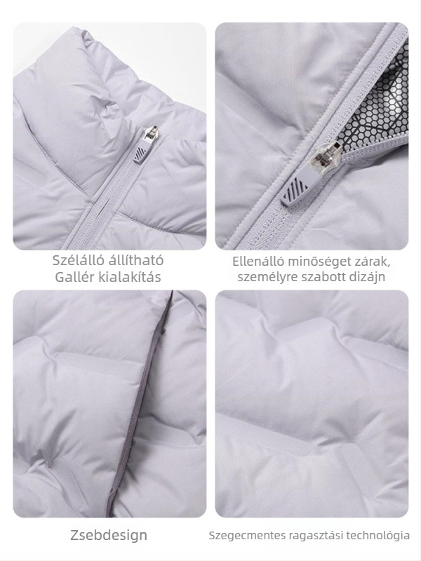 Uniszex téli könnyű mellény állkarral, laza szabás, kacsa tollal töltve 81–85%, cipzáras zsebek, poliészter anyag
