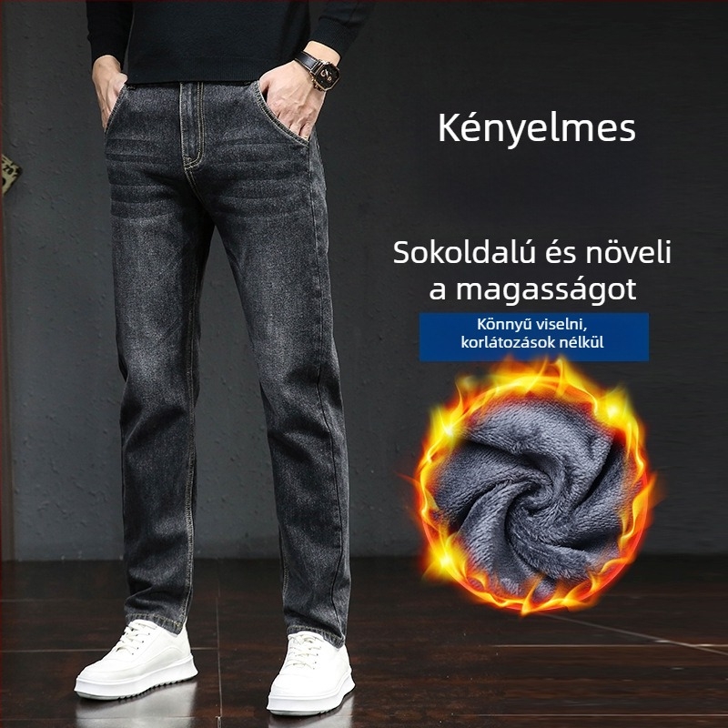 Fleecében béléses farmernadrág, egyenes szárú, középmagasságú derékkal, cipzáras záródás, mosott
