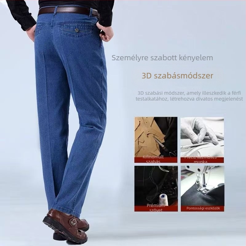 Férfi farmernadrág magas derékkal, egyenes szabású, elasztikus, cipzárral, mindennapi viselet középkorú és idős férfiak számára