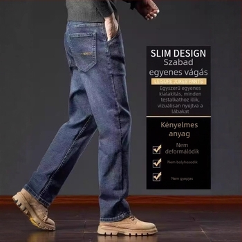 Férfiak egyenes szárú farmernadrág, lazább szabás, denim, 68% pamut, középmagas derekú
