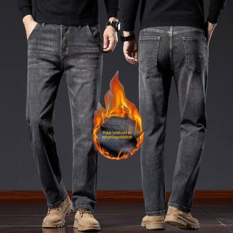 Férfiak egyenes szárú farmernadrág, lazább szabás, denim, 68% pamut, középmagas derekú