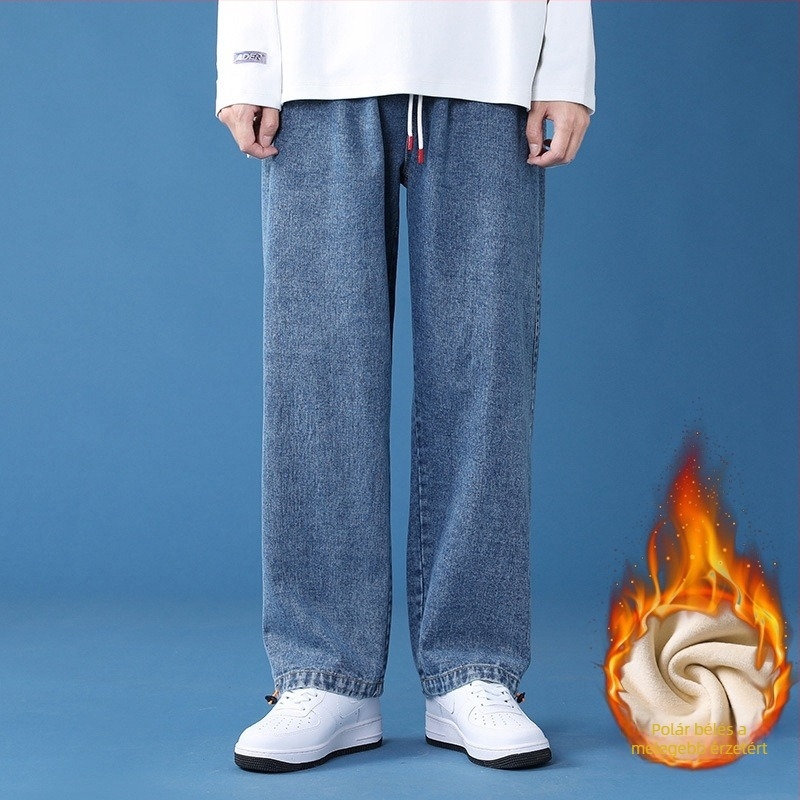 Farmernadrág koreai stílus, egyenes szabás, középmagas derék, fleece-béléssel, 70% pamut