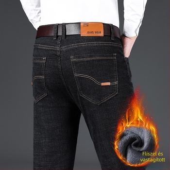 Denim nadrág egyenes szabású, fleece belső melegítés, középmagas derekú, cipzáras zárás, hosszú, őszi mindennapi viselet