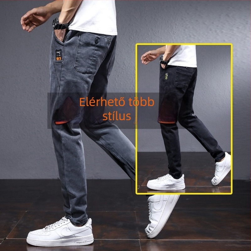 Farmernadrág fleece-beléssel téli meleghez, egyenes szabású, középmagas derekú, kötőzár